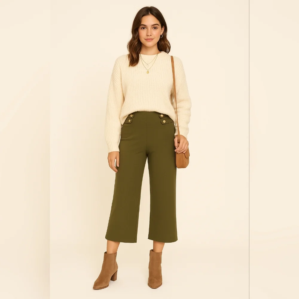 Derek Heart Olive Sailor Button Wide Leg Cropped Pants Women’s Small - Picture 1 of 7